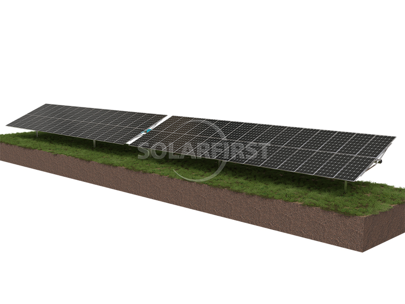 Horizon D Series solar tracker for uneven terrain, reducing costs with only 140 piles per MW and smart tracking for max energy generation.