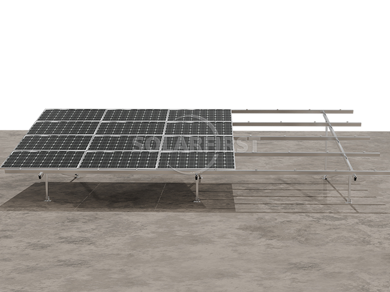 Pre-assembled aluminum-concrete solar mounting system installed on ground, showing adjustable height base plate and corrosion-resistant 6005 aluminum rails.
